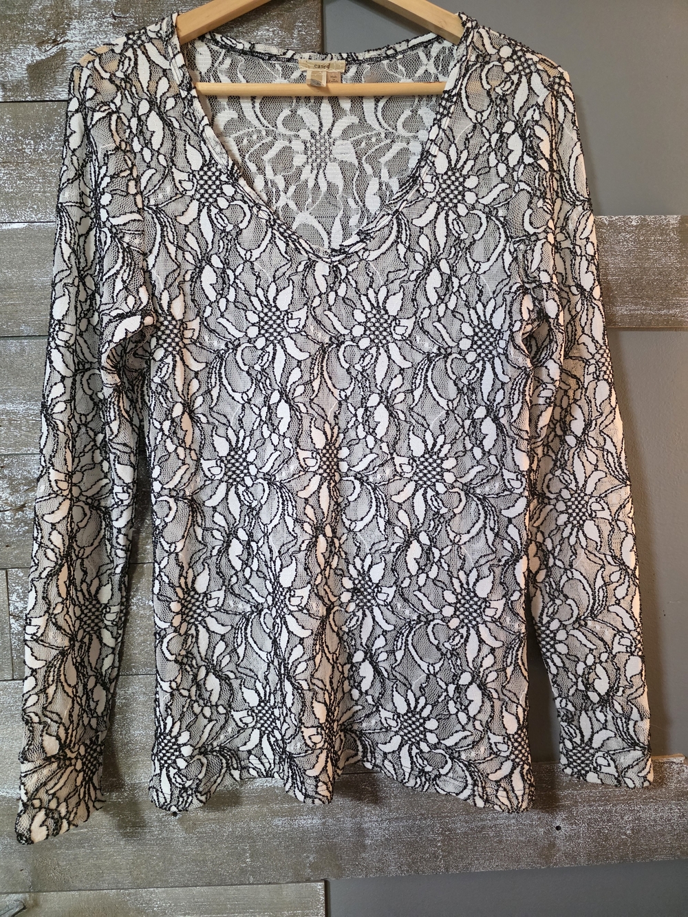 BKE Eased Black Lace Overlay V-Neck Long Sleeve Blouse on White